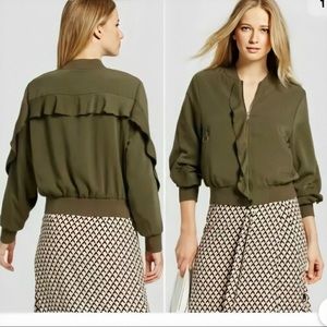 Olive Green Ruffle Bomber Jacket